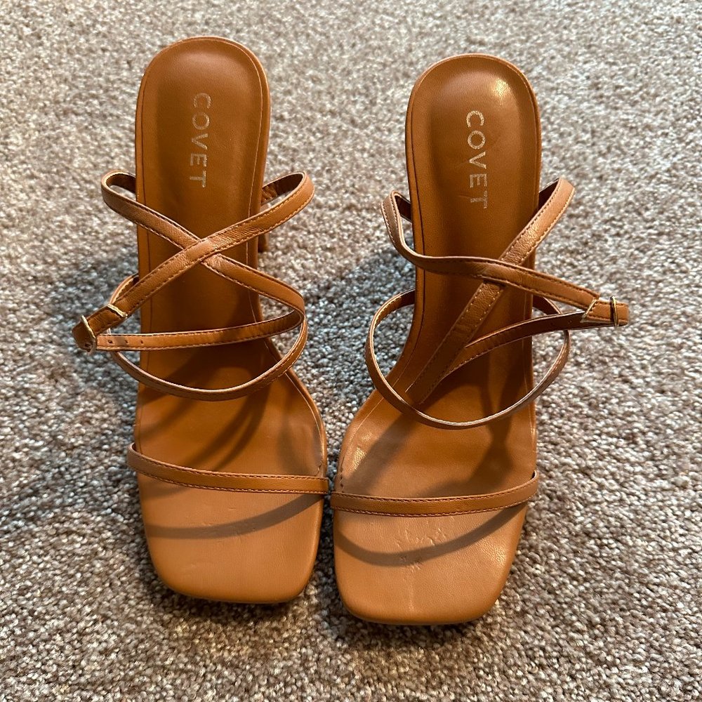 COVET Women's Avery Tan Heel Sandals  Size US:6.5 EU:37, Gently Used w/ Box